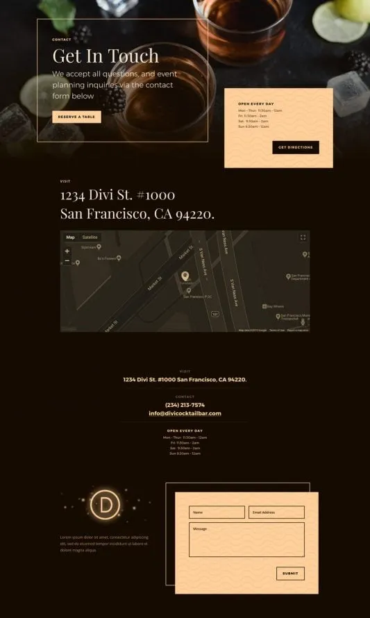 Bar WordPress template - contact layout preview