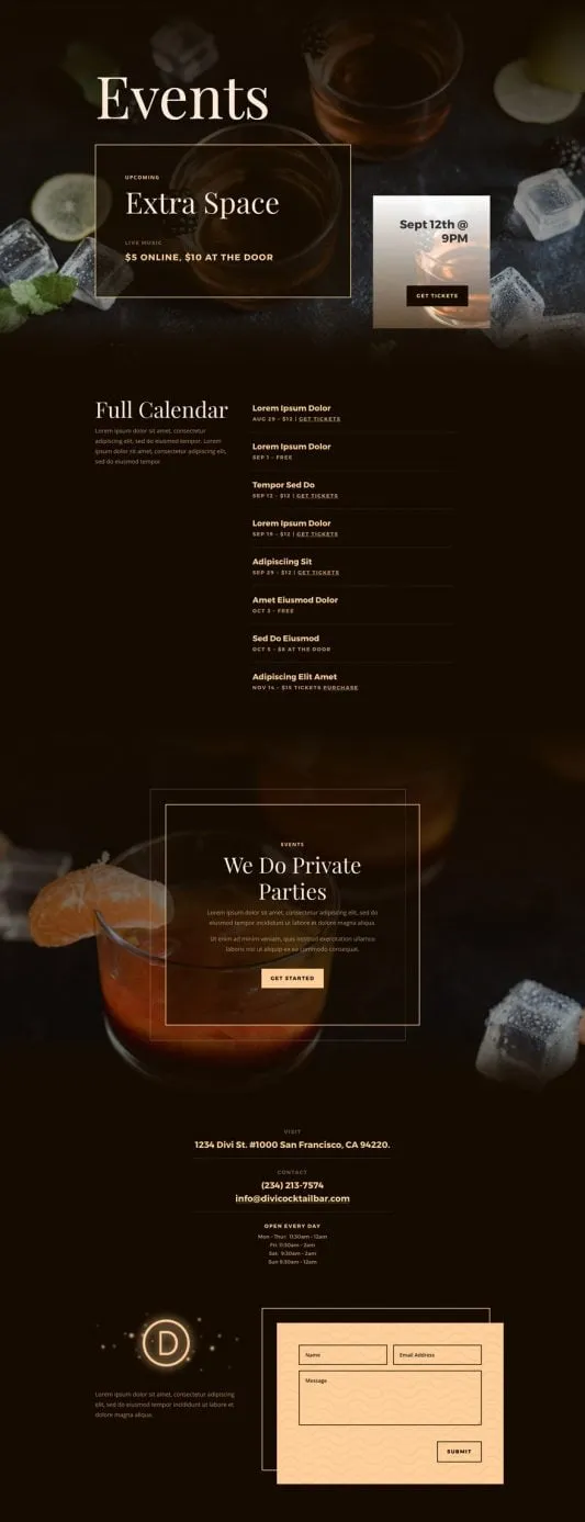 Bar WordPress template - events layout preview