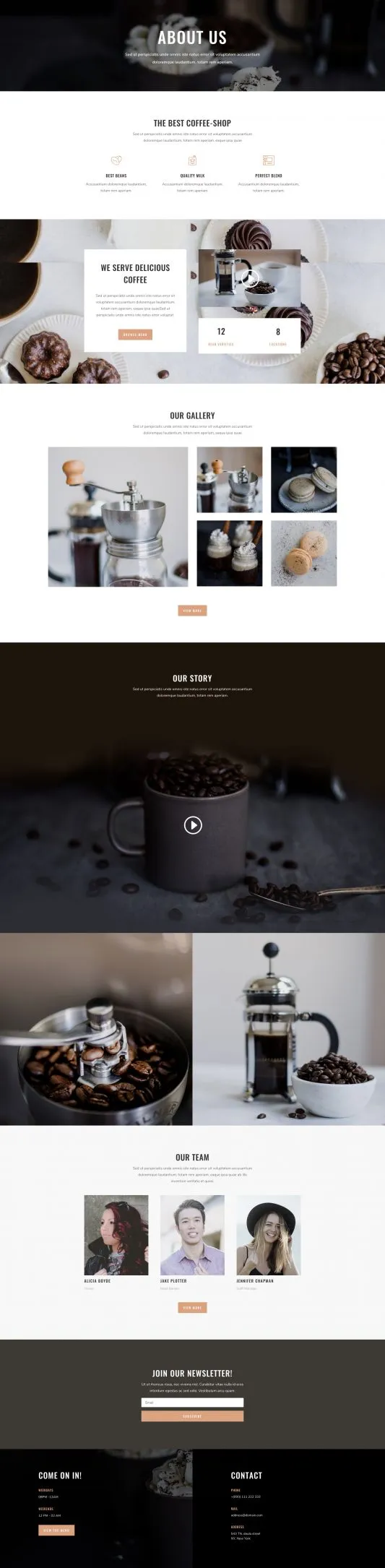 Coffee Shop WordPress template - about layout preview