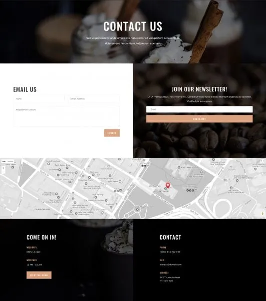 Coffee Shop WordPress template - contact layout preview