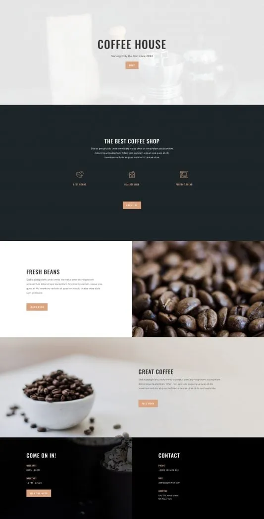Coffee Shop WordPress template - home layout preview