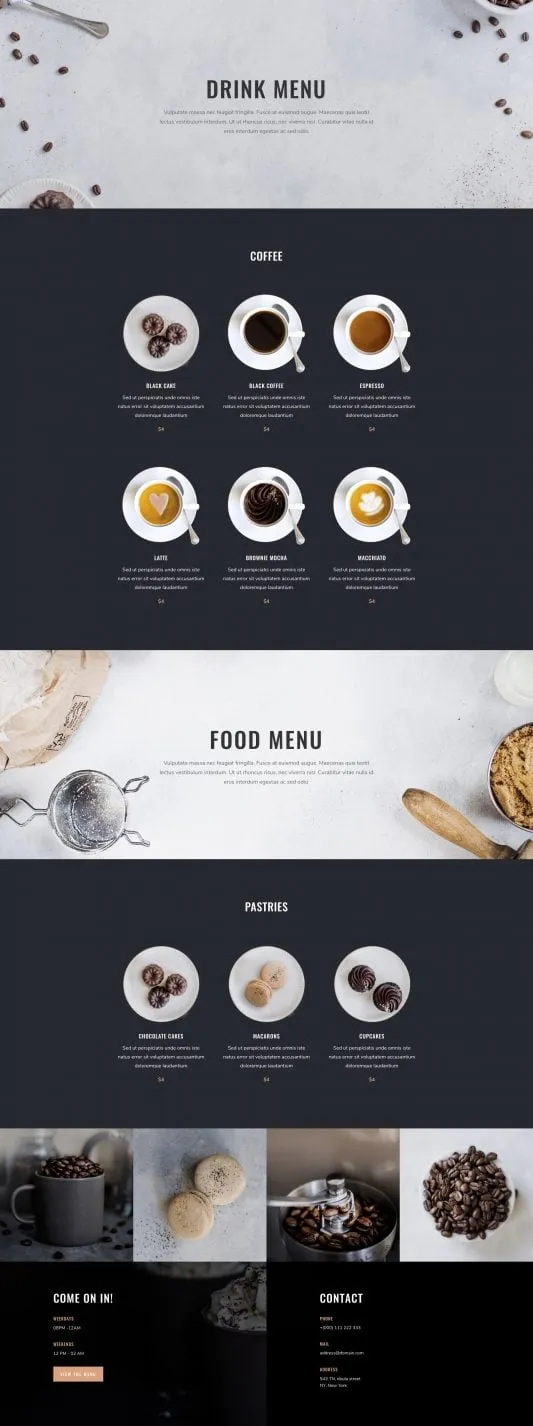 Coffee Shop WordPress template - menu layout preview