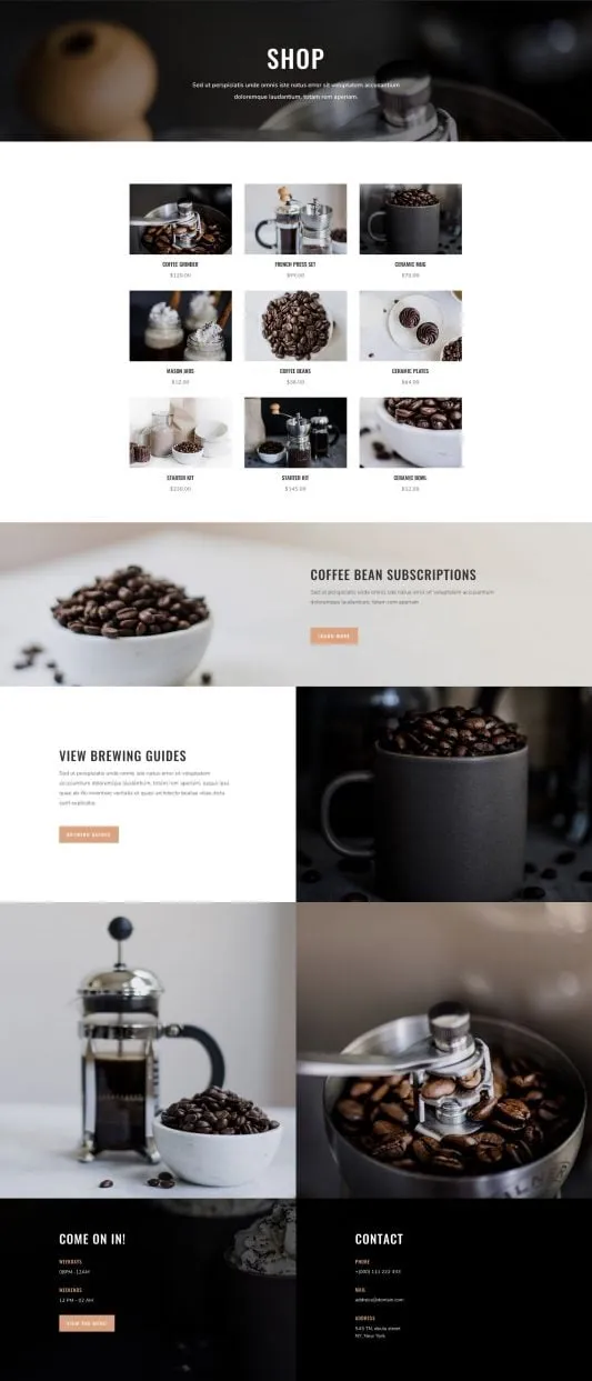 Coffee Shop WordPress template - shop layout preview