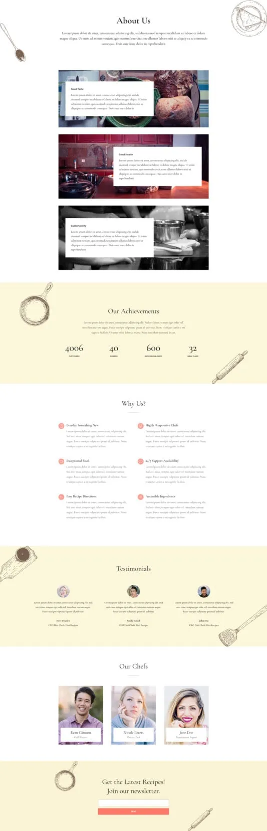 Food Recipe WordPress template - about layout preview
