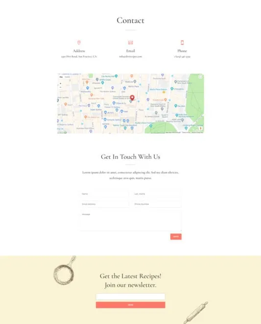 Food Recipe WordPress template - contact layout preview
