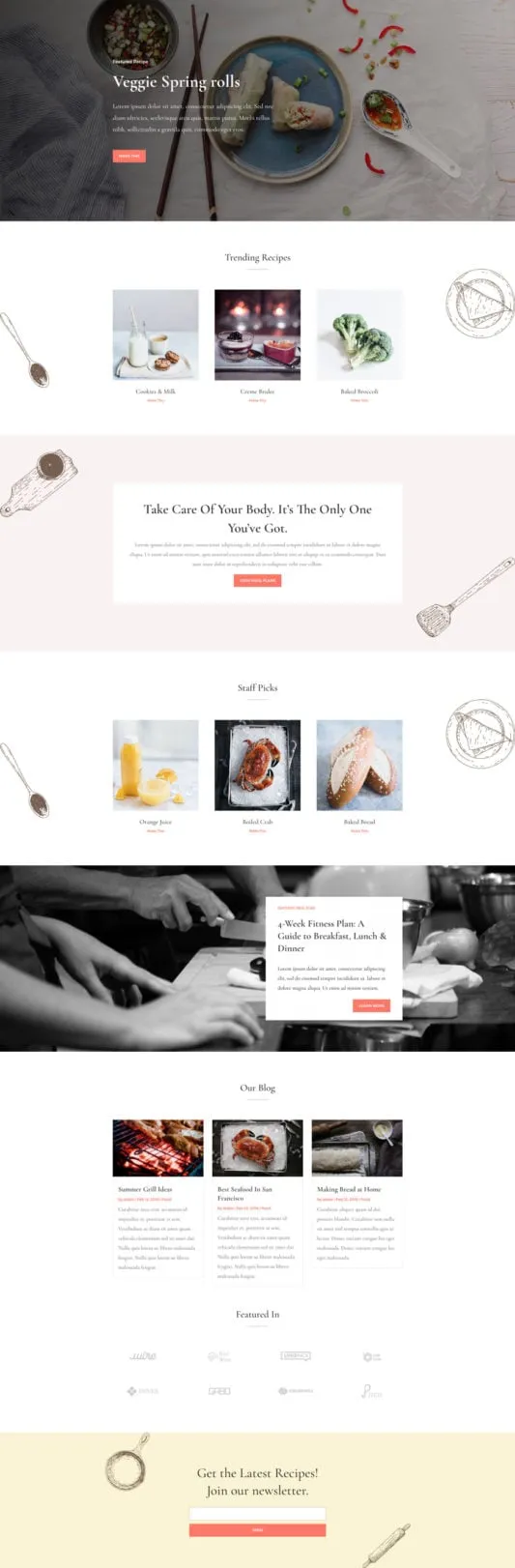 Food Recipe WordPress template - landing layout preview