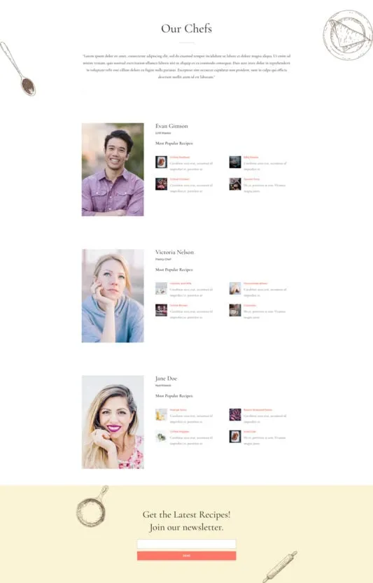 Food Recipe WordPress template - team layout preview