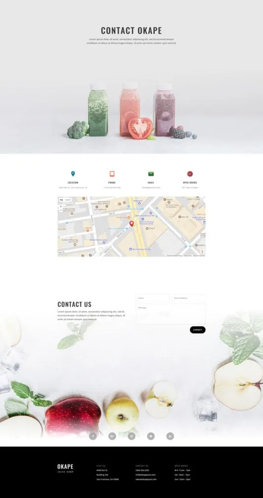Juice Shop WordPress template - contact layout preview
