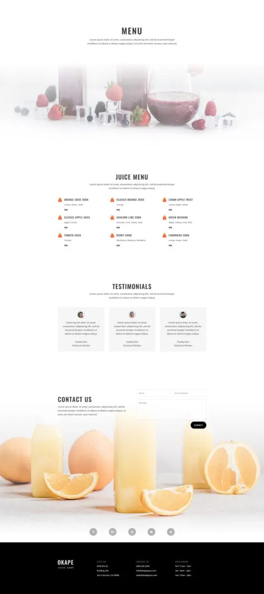 Juice Shop WordPress template - menu layout preview