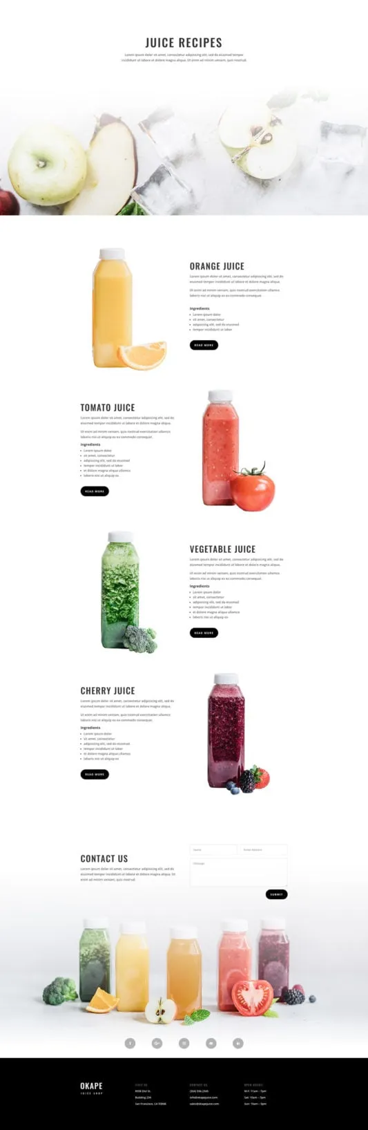 Juice Shop WordPress template - recipes layout preview