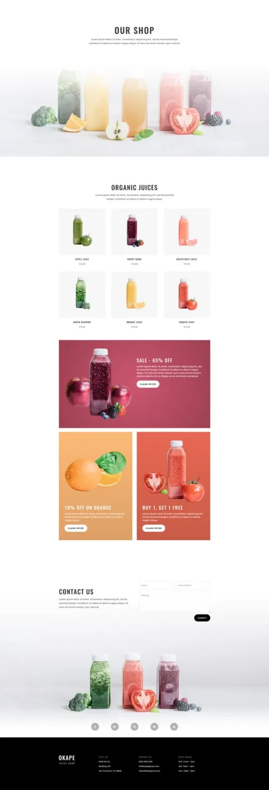 Juice Shop WordPress template - shop layout preview