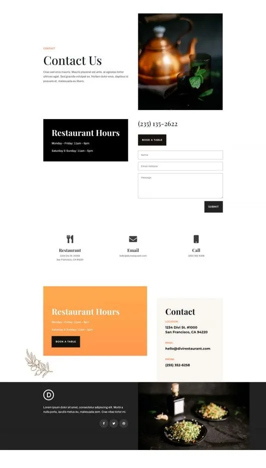 Middle Eastern Restaurant WordPress template - contact layout preview