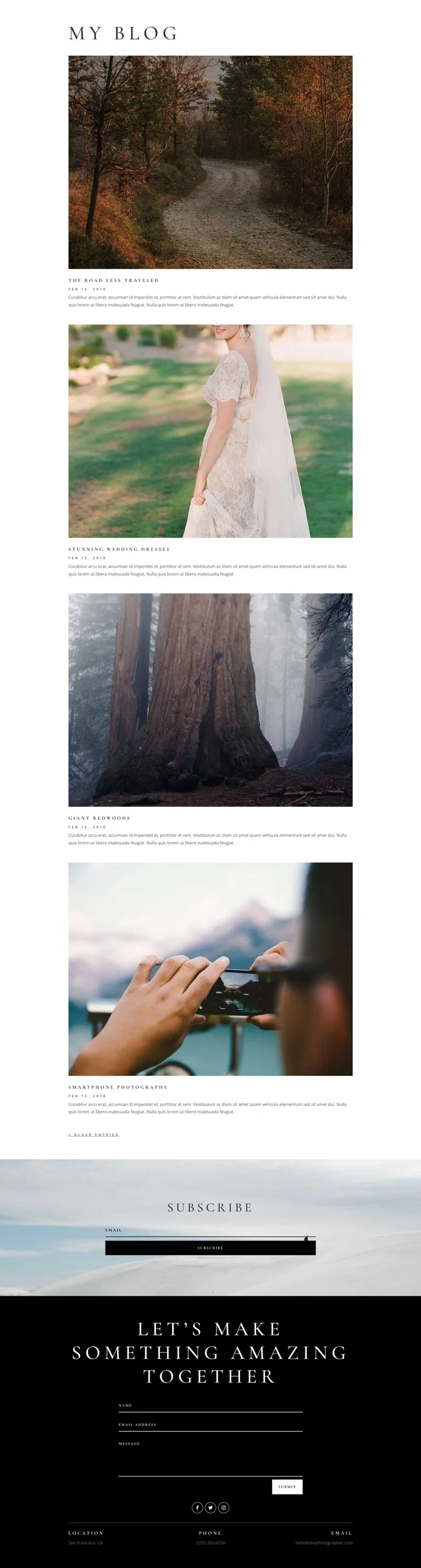 Photographer WordPress template - blog layout preview
