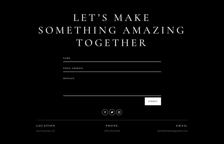 Photographer WordPress template - contact layout preview