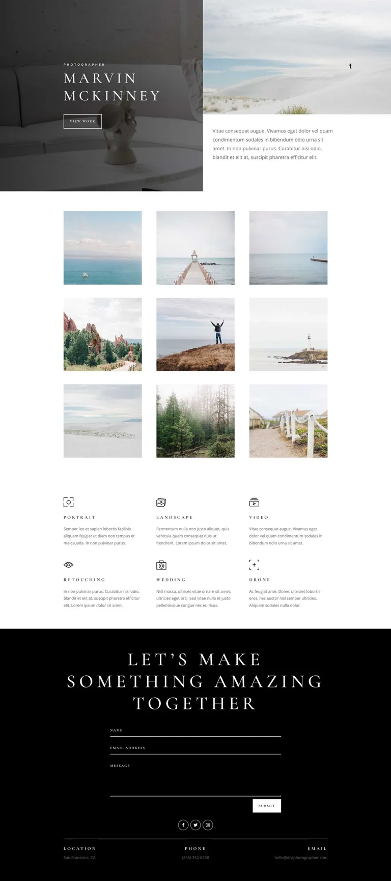 Photographer WordPress template - home layout preview
