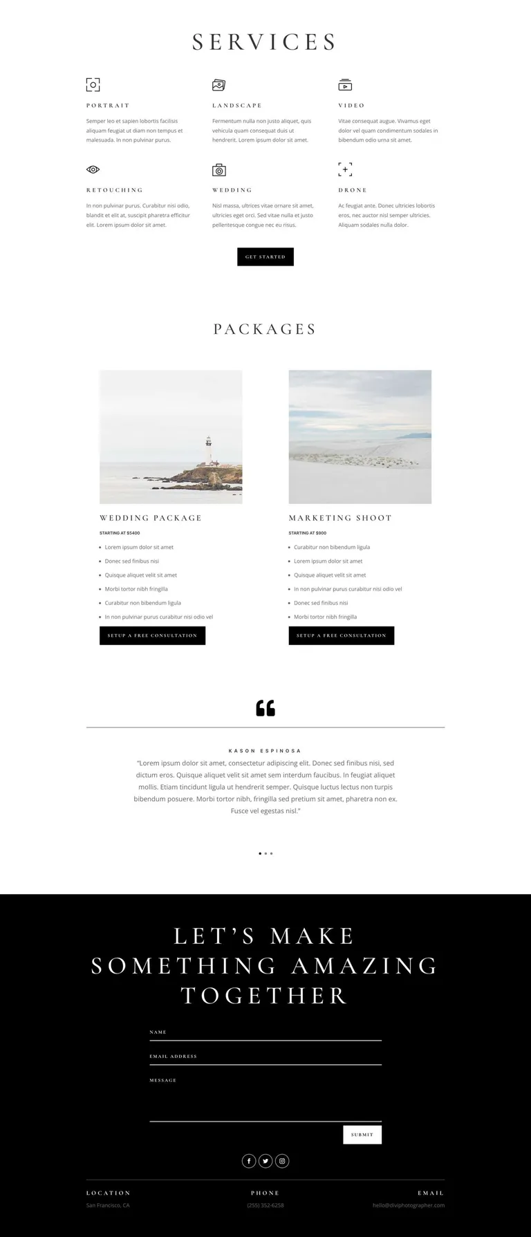 Photographer WordPress template - services layout preview