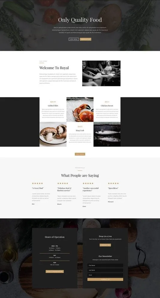 Restaurant WordPress template - home layout preview