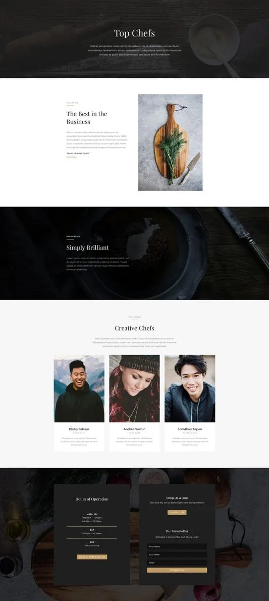 Restaurant WordPress template - team layout preview